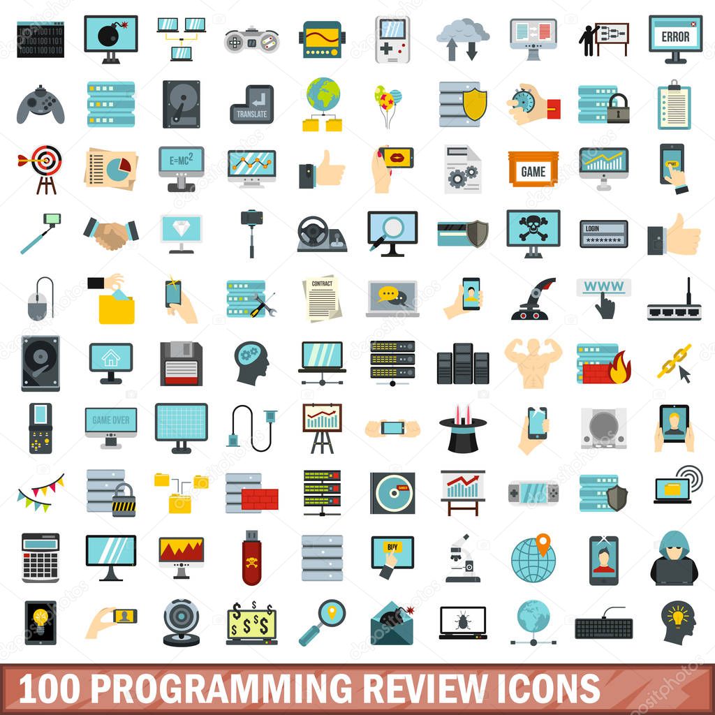 100 programming review icons set, flat style