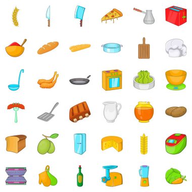 Icons set, karikatür tarzı yemek mutfak