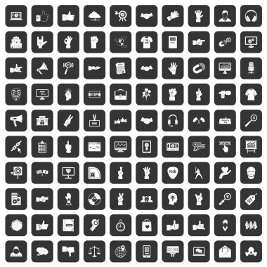 Siyah renkli yalıtılmış vektör çiziminde ayarlanmış 100 farklı hareket simgesi