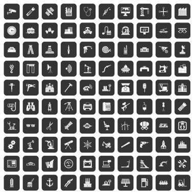 siyah 100 ekipman Icons set