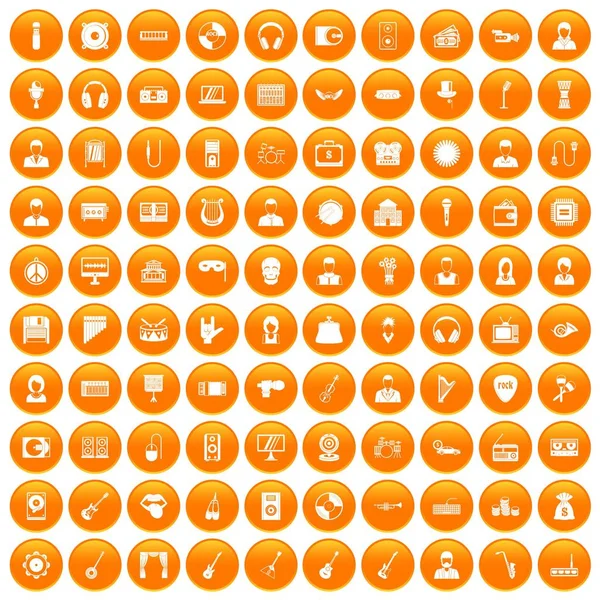 100 music icons set orange — Stock Vector