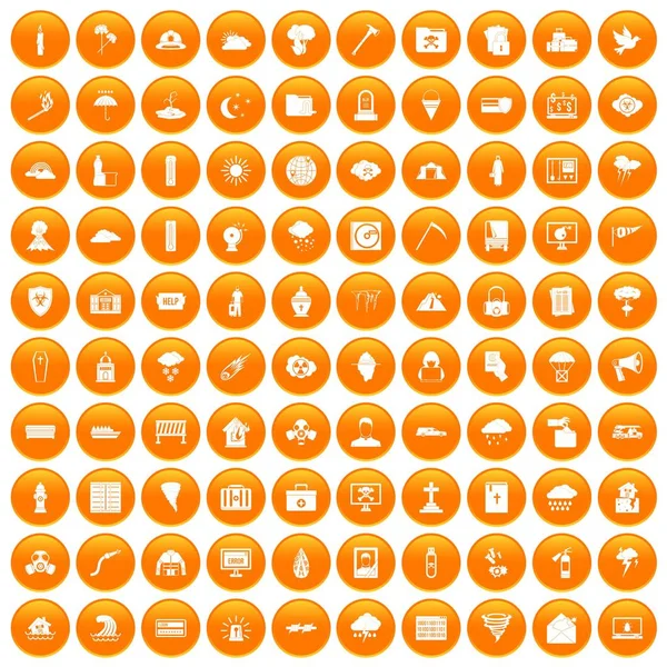 100 calamità naturali set di icone arancione — Vettoriale Stock