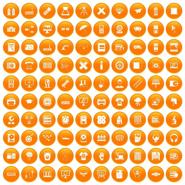 100 ícones de impressora conjunto laranja — Vetor de Stock