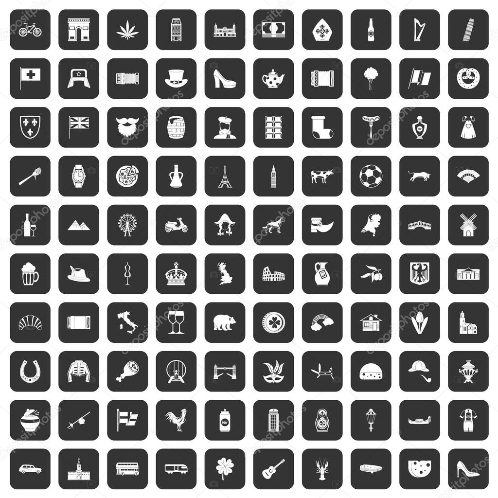 100 Europe icons set in black color isolated vector illustration
