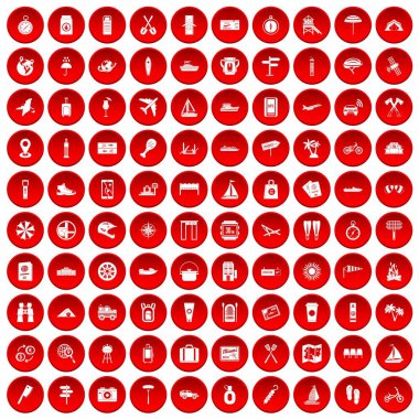 Beyaz vectr illüstrasyon izole kırmızı daire içinde 100 yolculuk Icons set