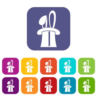 Icons set bir üstten sihirli görünen tavşan şapka