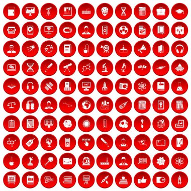 Beyaz vectr illüstrasyon izole kırmızı daire içinde 100 araştırmacı bilim Icons set
