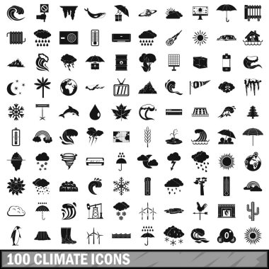 100 iklim Icons set, basit tarzı 