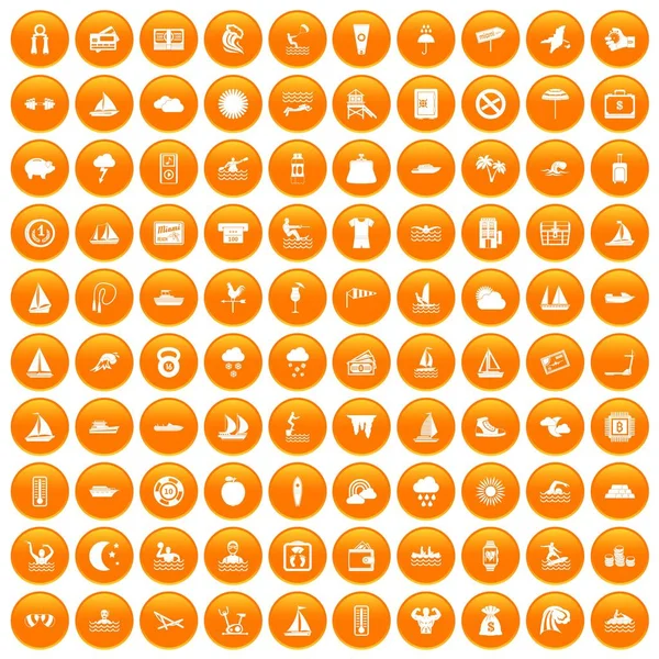 100 iconos de deportes acuáticos naranja — Vector de stock