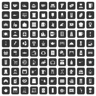 siyah 100 mutfak mutfak eşyaları Icons set