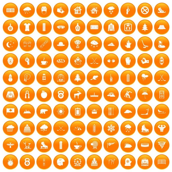 100 ícones de esporte de inverno conjunto laranja — Vetor de Stock