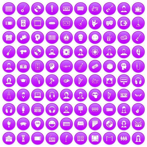 100 publiek iconen set paars — Stockvector