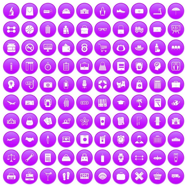 100 icônes sac ensemble violet — Image vectorielle