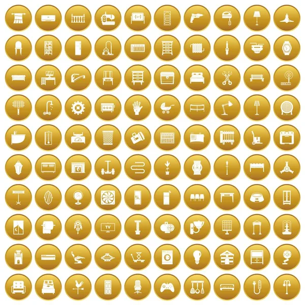 100 ícones de mobiliário ouro conjunto — Vetor de Stock