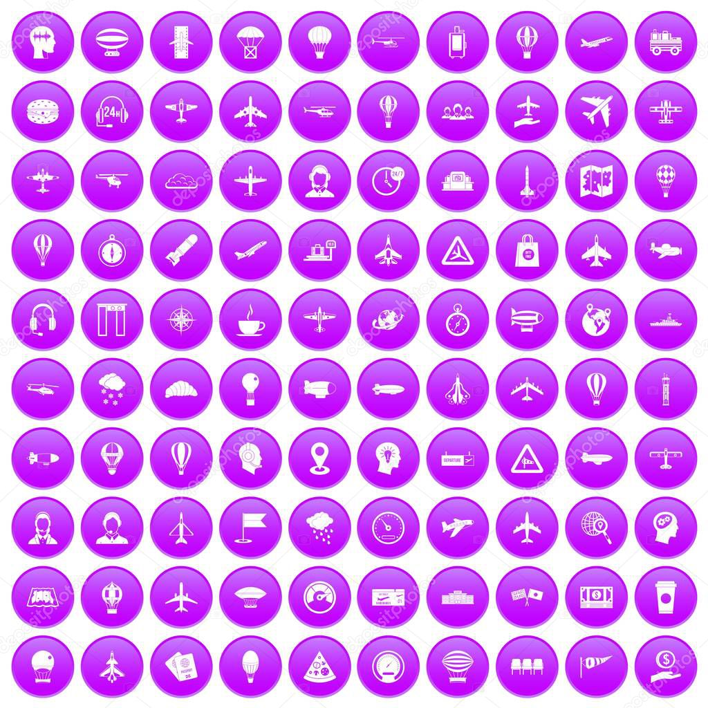 100 aviation icons set purple