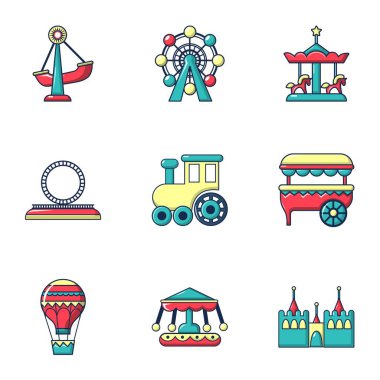 Eğlence Parkı Icons set. Düz beyaz arka plan üzerinde izole web için 9 eğlence parkı vektör simge kümesi