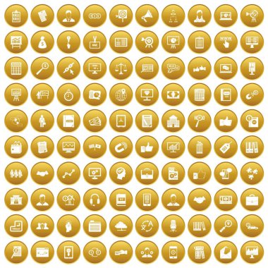 Altın daire üzerinde beyaz vectr illüstrasyon izole içinde 100 iş eğitim Icons set