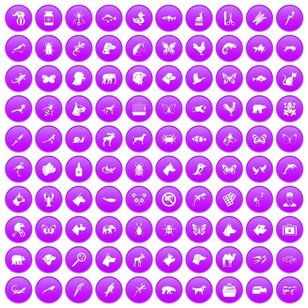 100 animaux icônes ensemble violet — Image vectorielle