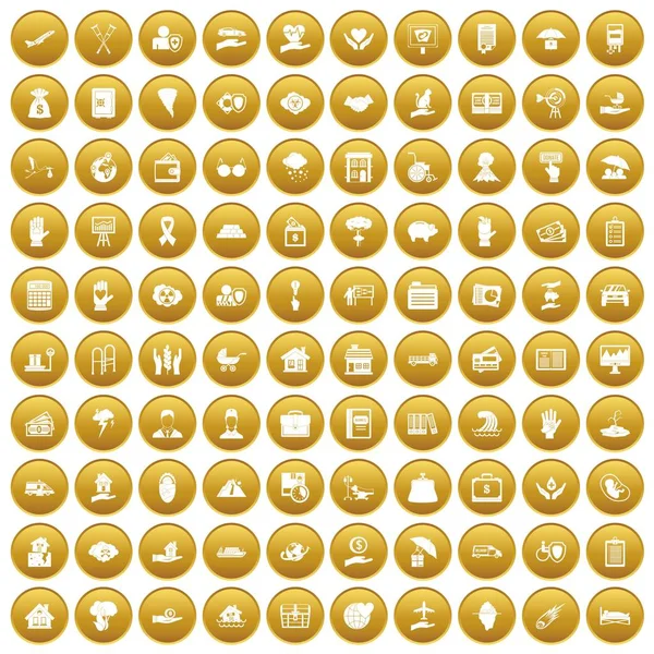 100 ubezpieczenia ikony zestaw złoto — Wektor stockowy
