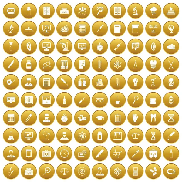 100 laboratorium ikony zestaw złoto — Wektor stockowy