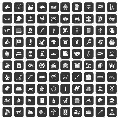 siyah 100 Evcil hayvan Icons set
