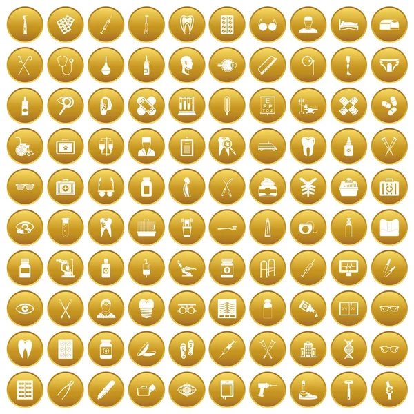 100 medical accessories icons set gold — Stock Vector