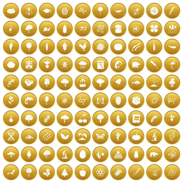 100 microbiology icons set gold — Stock Vector