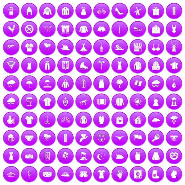 100 kleding iconen set paars — Stockvector