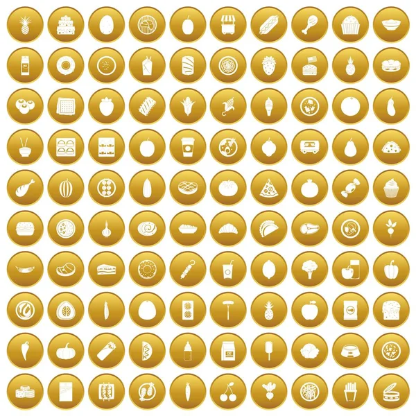 100 ícones de nutrição ouro conjunto — Vetor de Stock