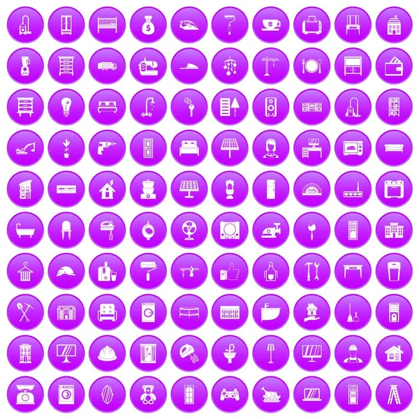 100 comfortabele woning iconen set paars — Stockvector