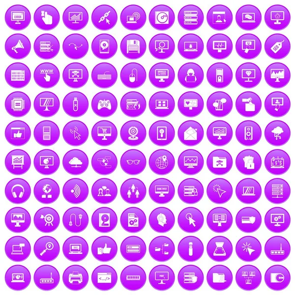 100 Icônes Ordinateur Cercle Violet Isolé Sur Illustration Vectorielle Blanche — Image vectorielle