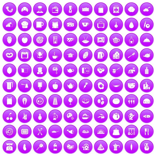 100 cooking icons set purple — Stock Vector