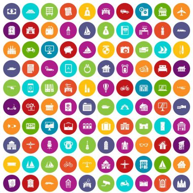 100 özelliği simgeler farklı renklerde izole daire vektör çizim ayarla