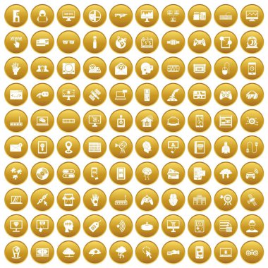 Altın daire üzerinde beyaz vectr illüstrasyon izole içinde 100 sanal Icons set