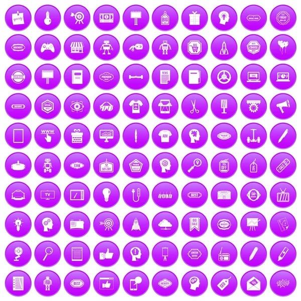 100 creatieve marketing iconen set paars — Stockvector