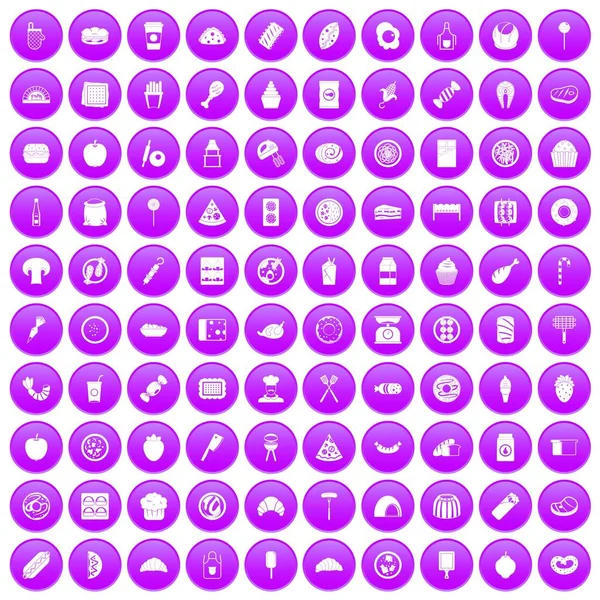 100 deliciosos platos iconos set púrpura — Vector de stock