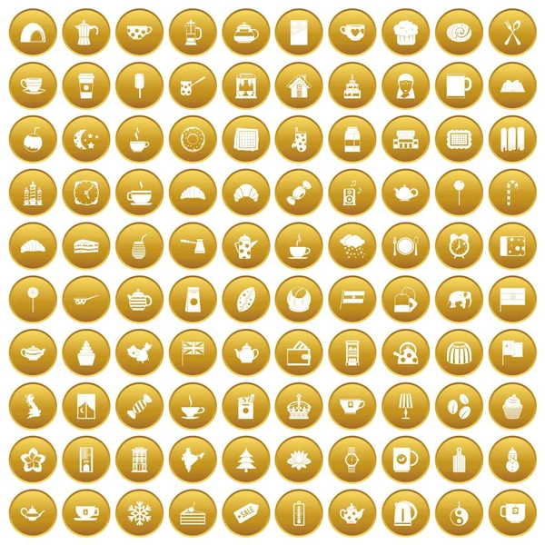 100 tea cup ikonok beállítása arany — Stock Vector