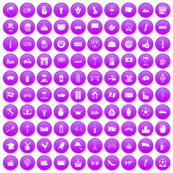 100 países de Europa iconos conjunto púrpura — Archivo Imágenes Vectoriales