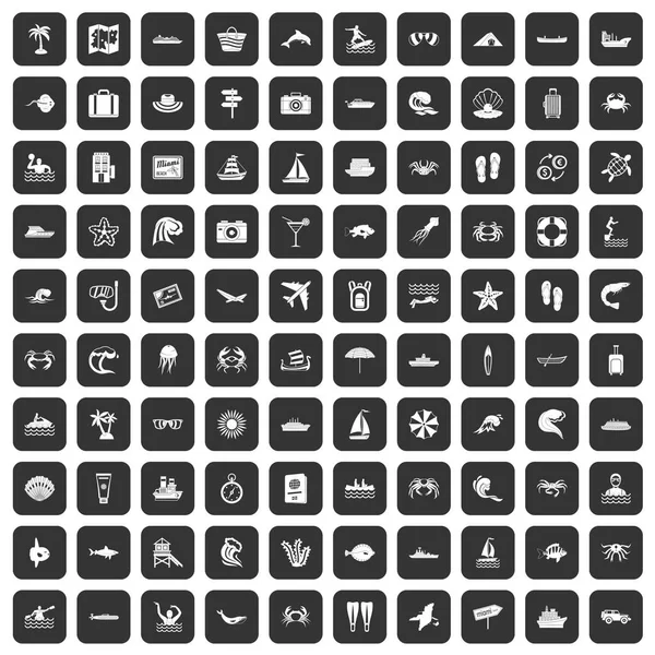100 icônes de vie marine noir — Image vectorielle