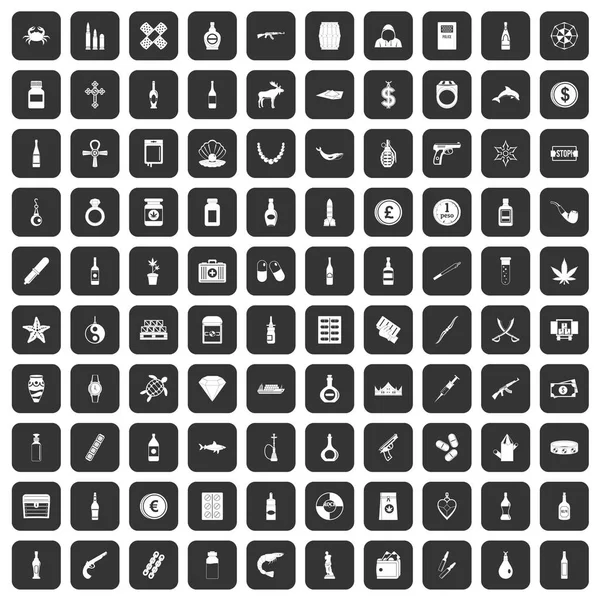 100 smuggling goods icons set black — Stock Vector