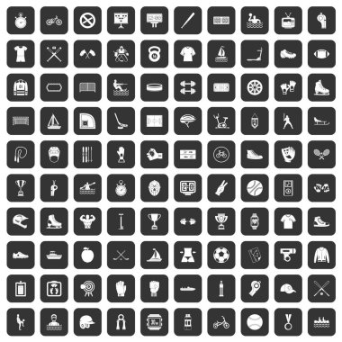 Siyah renk izole vektör çizim içinde 100 spor takım Icons set