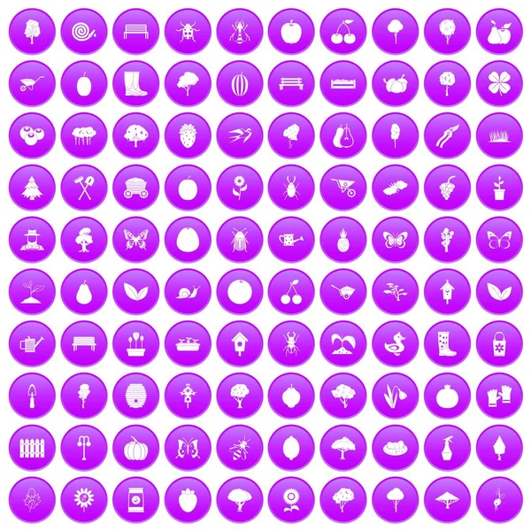 100 tuinieren iconen set paars — Stockvector