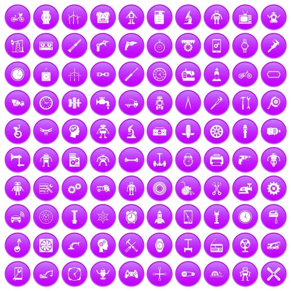 100 Getriebesymbole lila gesetzt — Stockvektor