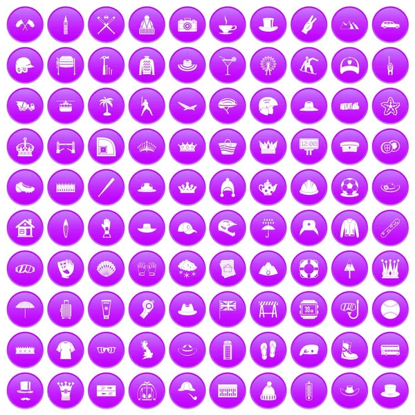 100 iconos de sombrero púrpura — Vector de stock