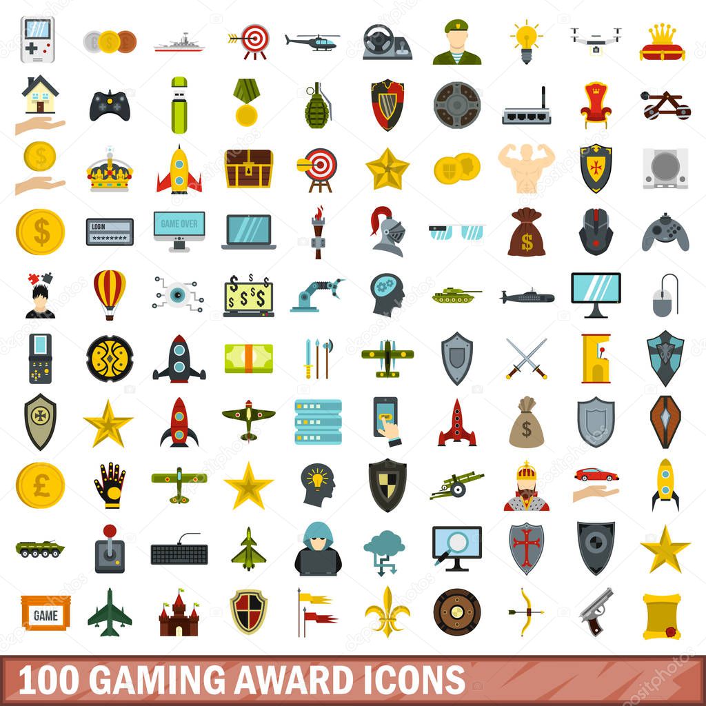 100 gaming award icons set, flat style