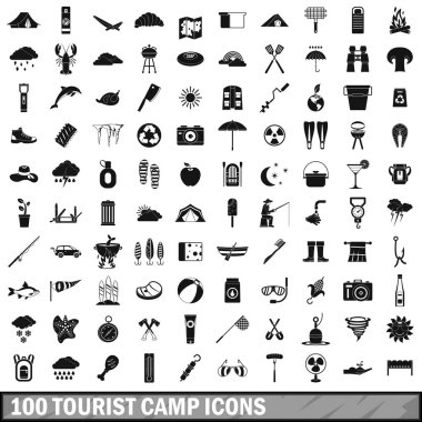 100 turist kamp Icons set, basit tarzı 