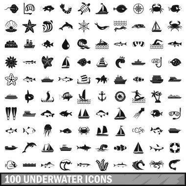 100 sualtı Icons set, basit tarzı 
