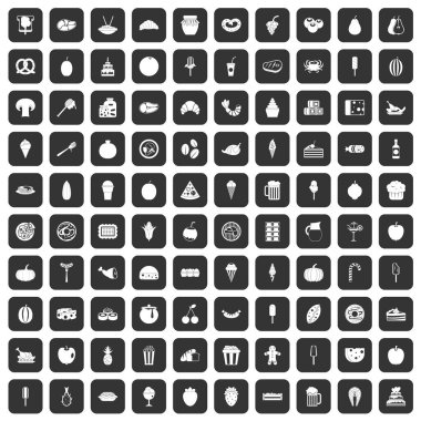 siyah 100 lezzetli yemekler Icons set