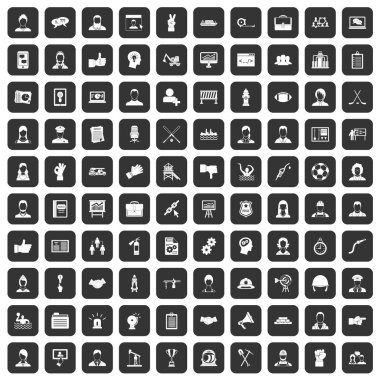 siyah 100 takım iş Icons set