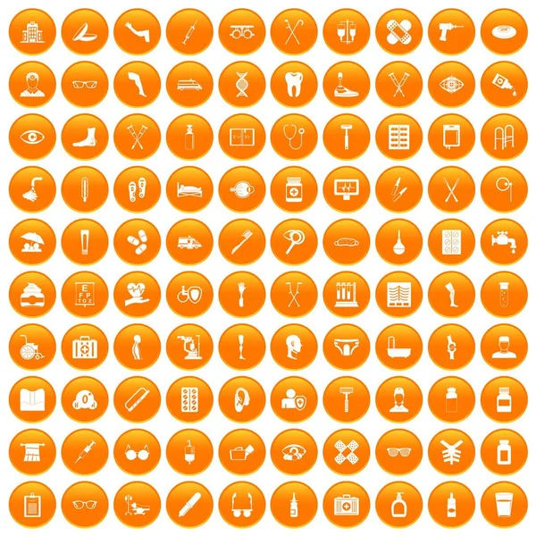 100 άτομα με ειδικές ανάγκες υγειονομικής περίθαλψης εικονίδια που πορτοκαλί — Διανυσματικό Αρχείο